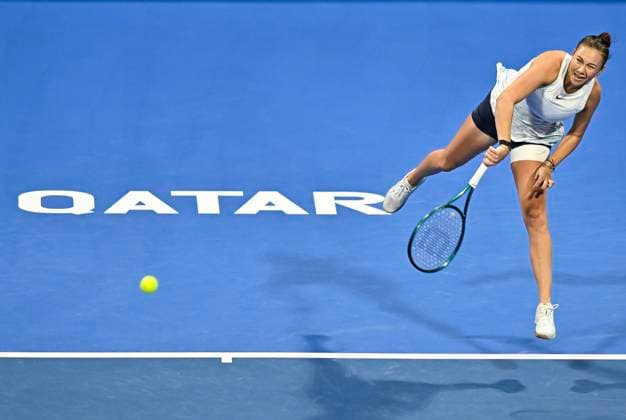 QATAR TOTALENERGIES OPEN - FINAL Amanda Anisimova of the United States competes in her final match against Jelena Ostapenko of Latvia during the WTA, Tennis Damen Qatar TotalEnergies Open 2025 tennis tournament at the Khalifa International Tennis Complex in Doha, Qatar, on February 15, 2025. DOHA Qatar Copyright: xx