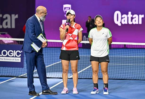 WTA, Tennis Damen QATAR OPEN TENNIS TOURNAMENT DOUBLES FINAL Xinyu Jiang of China Fang-Hsien Wu of Chinese Taipei compete gives an interview after losing the doubles final agains Sara Errani Jasmine Paolini of Italy at the WTA Qatar TotalEnergies Open 2025 tennis tournament at the Khalifa International Tennis Complex in Doha, Qatar, on February 15, 2025. DOHA Qatar Copyright: xNOUSHADx