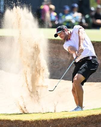 GOLF LIV ADELAIDE, Peter Uihlein of RangeGoats GC hits out of a bunker during the LIV Golf Adelaide at The Grange Golf Club in Adelaide, Sunday, February 16, 2025. ( NO ARCHIVING, EDITORIAL USE ONLY, NO USE IN BOOKS WITHOUT CONSENT ADELAIDE South Australia AUSTRALIA  Copyright: xMICHAELxERREYx 20250216189474445687