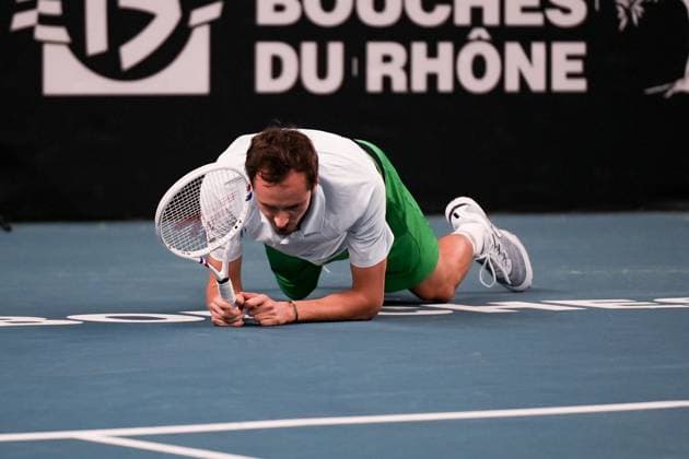 February 15, 2025, Marseille, France, FRANCE: DANIIL MEDVEDEV from Russia in action against HAMAD MEDJEDOVIC from Serbia during the OPEN 13 2025, ATP, Tennis Herren 250, french tournament, ATP Tour, Hard surface, .Indoor, on Febuary 15, 2025 at Marseille, Palais des sports, France - Photo OLLI Media Marseille FRANCE - ZUMAl184 20250215_zsp_l184_004 Copyright: xEmiliexLohmannx