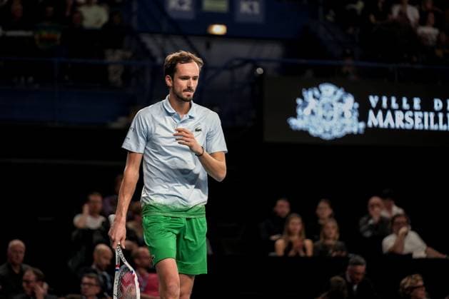 February 15, 2025, Marseille, France, FRANCE: DANIIL MEDVEDEV from Russia in action against HAMAD MEDJEDOVIC from Serbia during the OPEN 13 2025, ATP, Tennis Herren 250, french tournament, ATP Tour, Hard surface, .Indoor, on Febuary 15, 2025 at Marseille, Palais des sports, France - Photo OLLI Media Marseille FRANCE - ZUMAl184 20250215_zsp_l184_014 Copyright: xEmiliexLohmannx
