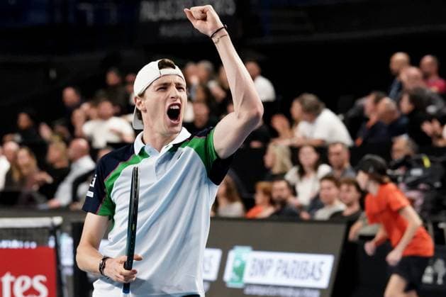 February 15, 2025, Marseille, France, FRANCE: UGO HUMBERT from France in action against ZIZOU BERGS from Belgium during the OPEN 13 2025, ATP, Tennis Herren 250, french tournament, ATP Tour, Hard surface, .Indoor, on Febuary 15, 2025 at Marseille, Palais des sports, France - Photo OLLI Media Marseille FRANCE - ZUMAl184 20250215_zsp_l184_049 Copyright: xEmiliexLohmannx