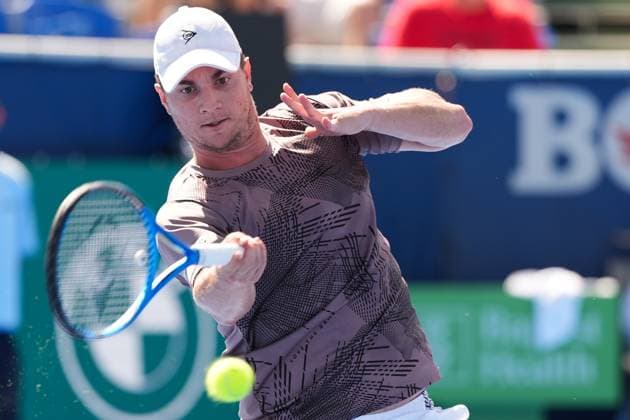DELRAY BEACH, FL - FEBRUARY 15: Miromir Kecmanovic (SRB) during his semifinal doubles match of the Delray Beach Open on February 15, 2025, at the Delray Beach Tennis Center in Delray Beach, FL. (Photo by Andrew Patron Icon Sportswire) TENNIS: FEB 15 Delray Beach Open EDITORIAL USE ONLY Icon2502150381