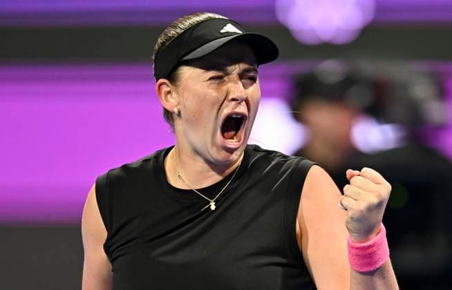 (250216) -- DOHA, Feb. 16, 2025 -- Jelena Ostapenko of Latvia reacts during the women s singles final match between Jelena Ostapenko of Latvia and Amanda Anisimova of the United States at the WTA, Tennis Damen Qatar Open tennis tournament in Doha, Qatar, on Feb. 15, 2025. (Photo by Xinhua) (SP)QATAR-DOHA-WTA QATAR OPEN 2025-WOMEN S SINGLES FINAL Nikku 