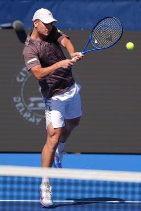 DELRAY BEACH, FL - FEBRUARY 15: Miromir Kecmanovic (SRB) during his semifinal doubles match of the Delray Beach Open on February 15, 2025, at the Delray Beach Tennis Center in Delray Beach, FL. (Photo by Andrew Patron Icon Sportswire) TENNIS: FEB 15 Delray Beach Open EDITORIAL USE ONLY Icon2502150388