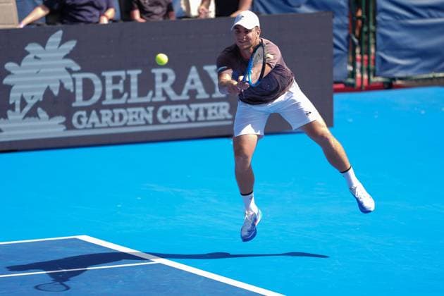 DELRAY BEACH, FL - FEBRUARY 15: Miromir Kecmanovic (SRB) during his semifinal doubles match of the Delray Beach Open on February 15, 2025, at the Delray Beach Tennis Center in Delray Beach, FL. (Photo by Andrew Patron Icon Sportswire) TENNIS: FEB 15 Delray Beach Open EDITORIAL USE ONLY Icon2502150392