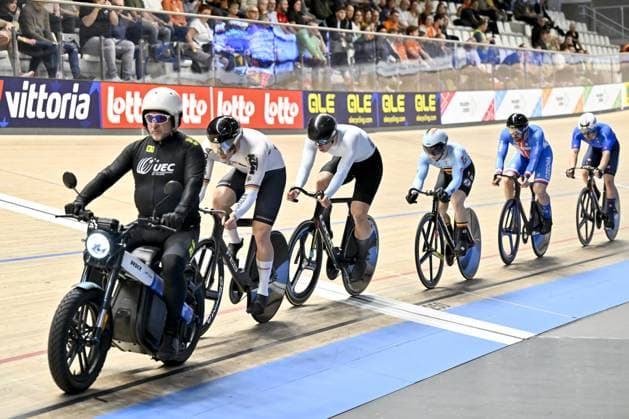 Belgian Runar De Schrijver (C) pictured in action during the men s Keirin first round at the 2025 UEC Track Elite European Championships, in Heusden-Zolder, Belgium, Sunday 16 February 2025. The European Championships take place from 12 to 16 February. DIRKxWAEM  x112582577x
