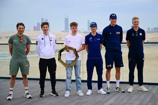 UAE Tour 2025 - media activities ABU DHABI, UNITED ARABIC EMIRATES - FEBRUARY 16 : Philipsen Jasper (BEL) of Alpecin-Deceuninck, Pogacar Tadej (SLO) of UAE Team Emirates, Van Eetvelt Lennert (BEL) of Lotto, Bilbao Lopez de Armentia Pello (ESP) of Bahrain Victorious, Milan Jonathan (ITA) of Lidl-Trek and Merlier Tim (BEL) of Soudal Quick-Step talking to the press during a press conference, PK, Pressekonferenz ahead of the UAE Tour 2025 cycling race on February 16, 2025 in Abu Dhabi, United Arabic Emirates, 16 02 2025 Abu Dhabi United Arabic Emirates  Copyright: xPeterxDexVoechtx