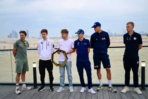 UAE Tour 2025 - media activities ABU DHABI, UNITED ARABIC EMIRATES - FEBRUARY 16 : Philipsen Jasper (BEL) of Alpecin-Deceuninck, Pogacar Tadej (SLO) of UAE Team Emirates, Van Eetvelt Lennert (BEL) of Lotto, Bilbao Lopez de Armentia Pello (ESP) of Bahrain Victorious, Milan Jonathan (ITA) of Lidl-Trek and Merlier Tim (BEL) of Soudal Quick-Step talking to the press during a press conference, PK, Pressekonferenz ahead of the UAE Tour 2025 cycling race on February 16, 2025 in Abu Dhabi, United Arabic Emirates, 16 02 2025 Abu Dhabi United Arabic Emirates  Copyright: xPeterxDexVoechtx