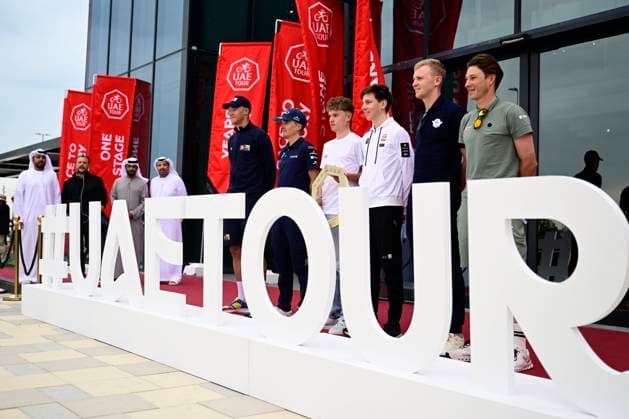 UAE Tour 2025 - media activities ABU DHABI, UNITED ARABIC EMIRATES - FEBRUARY 16 : Philipsen Jasper (BEL) of Alpecin-Deceuninck, Pogacar Tadej (SLO) of UAE Team Emirates, Van Eetvelt Lennert (BEL) of Lotto, Bilbao Lopez de Armentia Pello (ESP) of Bahrain Victorious, Milan Jonathan (ITA) of Lidl-Trek and Merlier Tim (BEL) of Soudal Quick-Step talking to the press during a press conference, PK, Pressekonferenz ahead of the UAE Tour 2025 cycling race on February 16, 2025 in Abu Dhabi, United Arabic Emirates, 16 02 2025 Abu Dhabi United Arabic Emirates  Copyright: xPeterxDexVoechtx