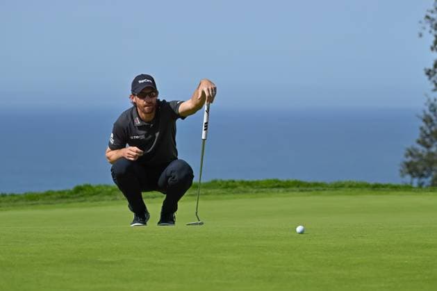 February 16, 2025: Patrick Rodgers lines up a putt on the 2nd hole during the final round of the Genesis Invitational on Torrey Pines South Course in San Diego, California. CSM San Diego USA - ZUMAc04_ 20250216_zma_c04_004 Copyright: xJustinxFinex