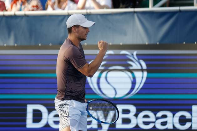 DELRAY BEACH, FL - FEBRUARY 16: Miomir Kecmanovic (SRB) reacts during the Mens Singles Final of the Delray Beach Open on February 16, 2025, at Delray Beach Stadium & Tennis Center in Delray Beach, Florida.(Photo by Chris Arjoon Icon Sportswire). TENNIS: FEB 16 Delray Beach Open EDITORIAL USE ONLY Icon25021600101