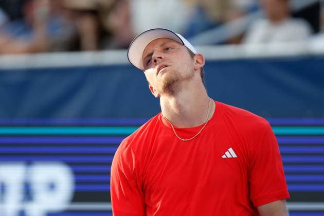 DELRAY BEACH, FL - FEBRUARY 16: Alejandro Davidovich Fokina (ESP) reacts during the Mens Singles Final of the Delray Beach Open on February 16, 2025, at Delray Beach Stadium & Tennis Center in Delray Beach, Florida.(Photo by Chris Arjoon Icon Sportswire). TENNIS: FEB 16 Delray Beach Open EDITORIAL USE ONLY Icon25021600103