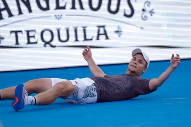 DELRAY BEACH, FL - FEBRUARY 16: Miomir Kecmanovic (SRB) reacts during the Mens Singles Final of the Delray Beach Open on February 16, 2025, at Delray Beach Stadium & Tennis Center in Delray Beach, Florida.(Photo by Chris Arjoon Icon Sportswire). TENNIS: FEB 16 Delray Beach Open EDITORIAL USE ONLY Icon25021600104