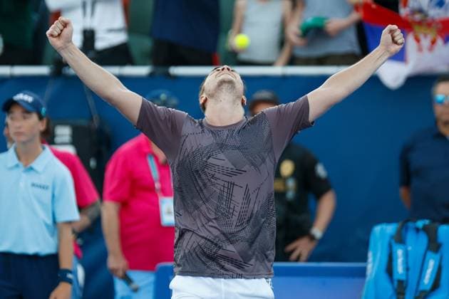 DELRAY BEACH, FL - FEBRUARY 16: Miomir Kecmanovic (SRB) celebrates winning the Mens Singles Final of the Delray Beach Open on February 16, 2025, at Delray Beach Stadium & Tennis Center in Delray Beach, Florida.(Photo by Chris Arjoon Icon Sportswire). TENNIS: FEB 16 Delray Beach Open EDITORIAL USE ONLY Icon25021600106