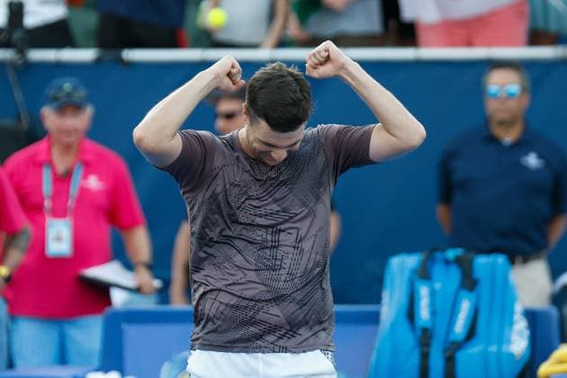 DELRAY BEACH, FL - FEBRUARY 16: Miomir Kecmanovic (SRB) celebrates winning the Mens Singles Final of the Delray Beach Open on February 16, 2025, at Delray Beach Stadium & Tennis Center in Delray Beach, Florida.(Photo by Chris Arjoon Icon Sportswire). TENNIS: FEB 16 Delray Beach Open EDITORIAL USE ONLY Icon25021600107