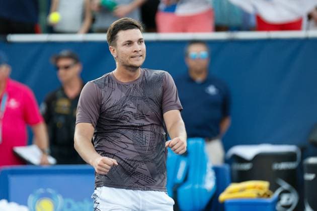 DELRAY BEACH, FL - FEBRUARY 16: Miomir Kecmanovic (SRB) celebrates winning the Mens Singles Final of the Delray Beach Open on February 16, 2025, at Delray Beach Stadium & Tennis Center in Delray Beach, Florida.(Photo by Chris Arjoon Icon Sportswire). TENNIS: FEB 16 Delray Beach Open EDITORIAL USE ONLY Icon25021600108