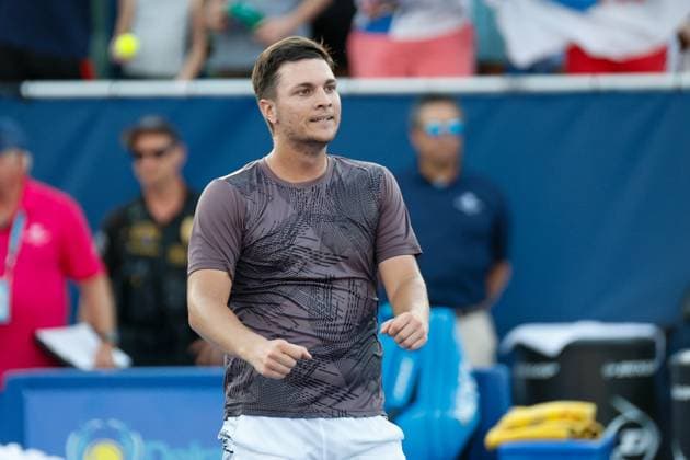 DELRAY BEACH, FL - FEBRUARY 16: Miomir Kecmanovic (SRB) celebrates winning the Mens Singles Final of the Delray Beach Open on February 16, 2025, at Delray Beach Stadium & Tennis Center in Delray Beach, Florida.(Photo by Chris Arjoon Icon Sportswire). TENNIS: FEB 16 Delray Beach Open EDITORIAL USE ONLY Icon25021600109