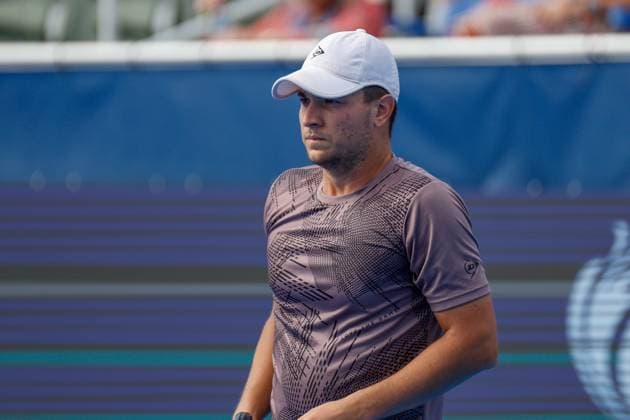 DELRAY BEACH, FL - FEBRUARY 16: Miomir Kecmanovic (SRB) looks on during the Mens Singles Final of the Delray Beach Open on February 16, 2025, at Delray Beach Stadium & Tennis Center in Delray Beach, Florida.(Photo by Chris Arjoon Icon Sportswire). TENNIS: FEB 16 Delray Beach Open EDITORIAL USE ONLY Icon25021600117