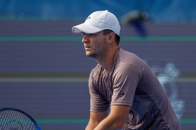 DELRAY BEACH, FL - FEBRUARY 16: Miomir Kecmanovic (SRB) looks on during the Mens Singles Final of the Delray Beach Open on February 16, 2025, at Delray Beach Stadium & Tennis Center in Delray Beach, Florida.(Photo by Chris Arjoon Icon Sportswire). TENNIS: FEB 16 Delray Beach Open EDITORIAL USE ONLY Icon25021600118