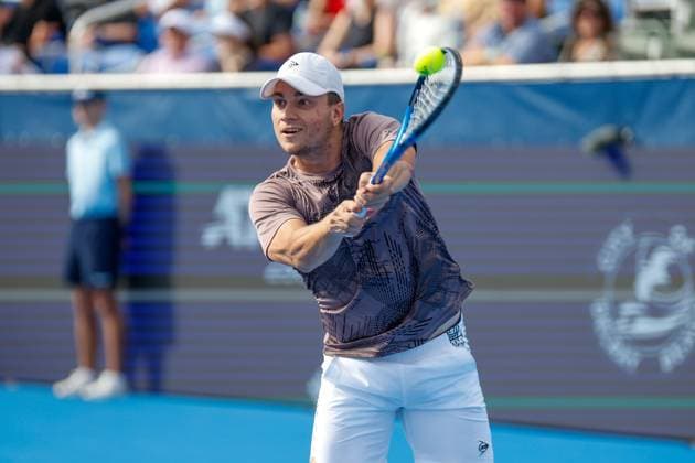 DELRAY BEACH, FL - FEBRUARY 16: Miomir Kecmanovic (SRB) in action during the Mens Singles Final of the Delray Beach Open on February 16, 2025, at Delray Beach Stadium & Tennis Center in Delray Beach, Florida.(Photo by Chris Arjoon Icon Sportswire). TENNIS: FEB 16 Delray Beach Open EDITORIAL USE ONLY Icon25021600119