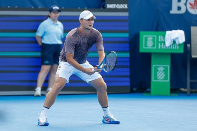 DELRAY BEACH, FL - FEBRUARY 16: Miomir Kecmanovic (SRB) looks on during the Mens Singles Final of the Delray Beach Open on February 16, 2025, at Delray Beach Stadium & Tennis Center in Delray Beach, Florida.(Photo by Chris Arjoon Icon Sportswire). TENNIS: FEB 16 Delray Beach Open EDITORIAL USE ONLY Icon25021600122