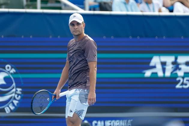 DELRAY BEACH, FL - FEBRUARY 16: Miomir Kecmanovic (SRB) looks on during the Mens Singles Final of the Delray Beach Open on February 16, 2025, at Delray Beach Stadium & Tennis Center in Delray Beach, Florida.(Photo by Chris Arjoon Icon Sportswire). TENNIS: FEB 16 Delray Beach Open EDITORIAL USE ONLY Icon25021600123