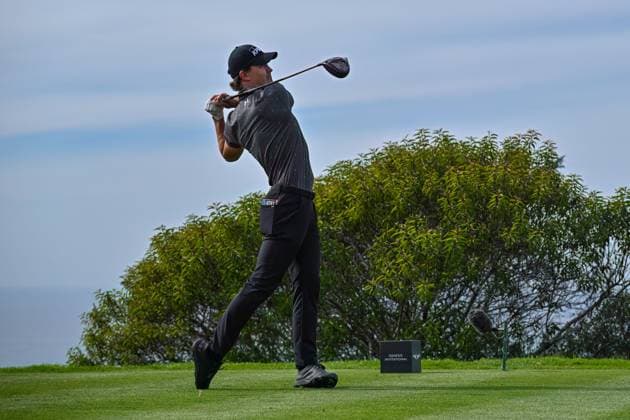 February 16, 2025: Maverick McNealy tees off on the 17th hole during the final round of the Genesis Invitational on Torrey Pines South Course in San Diego, California. CSM San Diego USA - ZUMAc04_ 20250216_zma_c04_031 Copyright: xJustinxFinex
