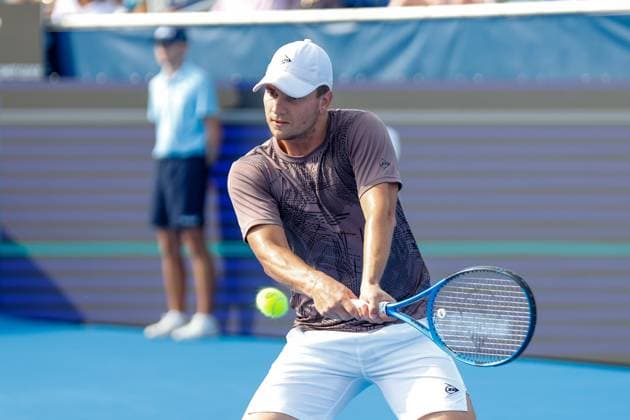 DELRAY BEACH, FL - FEBRUARY 16: Miomir Kecmanovic (SRB) in action during the Mens Singles Final of the Delray Beach Open on February 16, 2025, at Delray Beach Stadium & Tennis Center in Delray Beach, Florida.(Photo by Chris Arjoon Icon Sportswire). TENNIS: FEB 16 Delray Beach Open EDITORIAL USE ONLY Icon25021600125