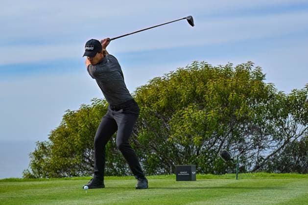 February 16, 2025: Maverick McNealy tees off on the 17th hole during the final round of the Genesis Invitational on Torrey Pines South Course in San Diego, California. CSM San Diego USA - ZUMAc04_ 20250216_zma_c04_038 Copyright: xJustinxFinex