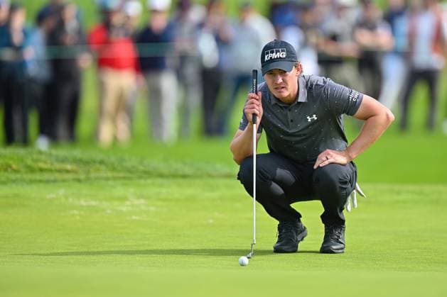 February 16, 2025: Maverick McNealy lines up a putt on the 15th hole during the final round of the Genesis Invitational on Torrey Pines South Course in San Diego, California. CSM San Diego USA - ZUMAc04_ 20250216_zma_c04_043 Copyright: xJustinxFinex