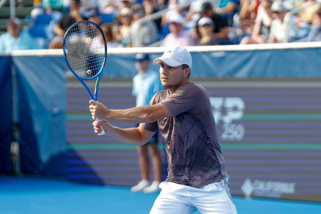 DELRAY BEACH, FL - FEBRUARY 16: Miomir Kecmanovic (SRB) looks on during the Mens Singles Final of the Delray Beach Open on February 16, 2025, at Delray Beach Stadium & Tennis Center in Delray Beach, Florida.(Photo by Chris Arjoon Icon Sportswire). TENNIS: FEB 16 Delray Beach Open EDITORIAL USE ONLY Icon25021600126