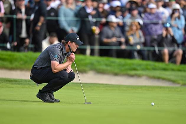 February 16, 2025: Maverick McNealy lines up a putt on the 17th hole during the final round of the Genesis Invitational on Torrey Pines South Course in San Diego, California. CSM San Diego USA - ZUMAc04_ 20250216_zma_c04_051 Copyright: xJustinxFinex