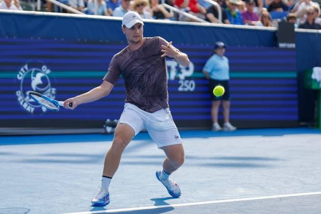 DELRAY BEACH, FL - FEBRUARY 16: Miomir Kecmanovic (SRB) in action during the Mens Singles Final of the Delray Beach Open on February 16, 2025, at Delray Beach Stadium & Tennis Center in Delray Beach, Florida.(Photo by Chris Arjoon Icon Sportswire). TENNIS: FEB 16 Delray Beach Open EDITORIAL USE ONLY Icon25021600129