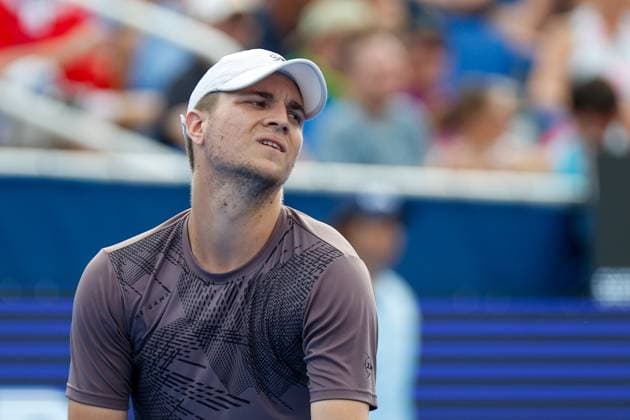 DELRAY BEACH, FL - FEBRUARY 16: Miomir Kecmanovic (SRB) looks on during the Mens Singles Final of the Delray Beach Open on February 16, 2025, at Delray Beach Stadium & Tennis Center in Delray Beach, Florida.(Photo by Chris Arjoon Icon Sportswire). TENNIS: FEB 16 Delray Beach Open EDITORIAL USE ONLY Icon25021600131