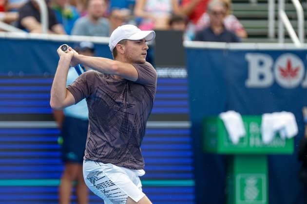 DELRAY BEACH, FL - FEBRUARY 16: Miomir Kecmanovic (SRB) in action during the Mens Singles Final of the Delray Beach Open on February 16, 2025, at Delray Beach Stadium & Tennis Center in Delray Beach, Florida.(Photo by Chris Arjoon Icon Sportswire). TENNIS: FEB 16 Delray Beach Open EDITORIAL USE ONLY Icon25021600132