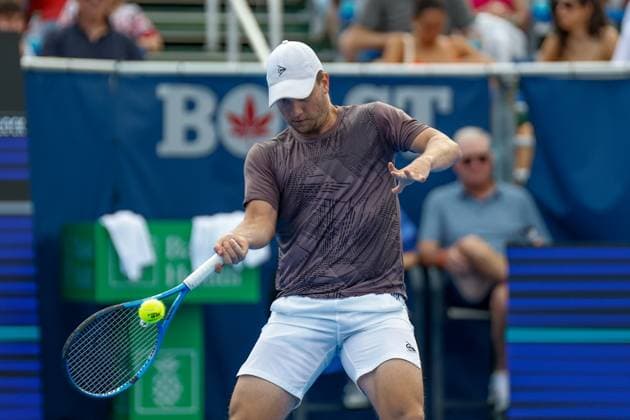 DELRAY BEACH, FL - FEBRUARY 16: Miomir Kecmanovic (SRB) in action during the Mens Singles Final of the Delray Beach Open on February 16, 2025, at Delray Beach Stadium & Tennis Center in Delray Beach, Florida.(Photo by Chris Arjoon Icon Sportswire). TENNIS: FEB 16 Delray Beach Open EDITORIAL USE ONLY Icon25021600133