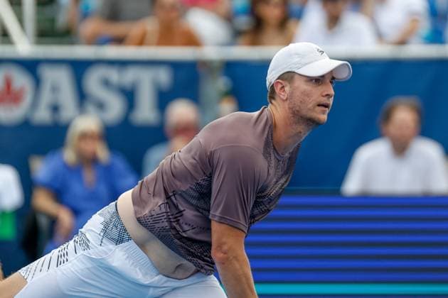 DELRAY BEACH, FL - FEBRUARY 16: Miomir Kecmanovic (SRB) looks on during the Mens Singles Final of the Delray Beach Open on February 16, 2025, at Delray Beach Stadium & Tennis Center in Delray Beach, Florida.(Photo by Chris Arjoon Icon Sportswire). TENNIS: FEB 16 Delray Beach Open EDITORIAL USE ONLY Icon25021600134