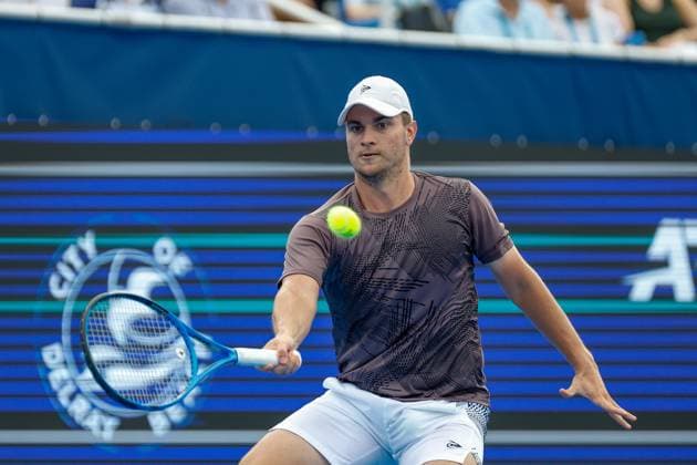 DELRAY BEACH, FL - FEBRUARY 16: Miomir Kecmanovic (SRB) in action during the Mens Singles Final of the Delray Beach Open on February 16, 2025, at Delray Beach Stadium & Tennis Center in Delray Beach, Florida.(Photo by Chris Arjoon Icon Sportswire). TENNIS: FEB 16 Delray Beach Open EDITORIAL USE ONLY Icon25021600136