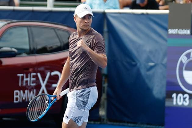 DELRAY BEACH, FL - FEBRUARY 16: Miomir Kecmanovic (SRB) looks on during the Mens Singles Final of the Delray Beach Open on February 16, 2025, at Delray Beach Stadium & Tennis Center in Delray Beach, Florida.(Photo by Chris Arjoon Icon Sportswire). TENNIS: FEB 16 Delray Beach Open EDITORIAL USE ONLY Icon25021600141