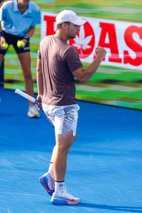 DELRAY BEACH, FL - FEBRUARY 16: Miomir Kecmanovic (SRB) reacts during the Mens Singles Final of the Delray Beach Open on February 16, 2025, at Delray Beach Stadium & Tennis Center in Delray Beach, Florida.(Photo by Chris Arjoon Icon Sportswire). TENNIS: FEB 16 Delray Beach Open EDITORIAL USE ONLY Icon25021600145
