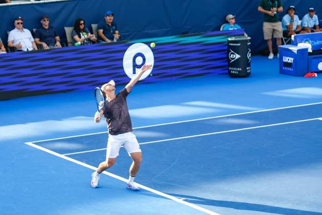 DELRAY BEACH, FL - FEBRUARY 16: Miomir Kecmanovic (SRB) in action during the Mens Singles Final of the Delray Beach Open on February 16, 2025, at Delray Beach Stadium & Tennis Center in Delray Beach, Florida.(Photo by Chris Arjoon Icon Sportswire). TENNIS: FEB 16 Delray Beach Open EDITORIAL USE ONLY Icon25021600147