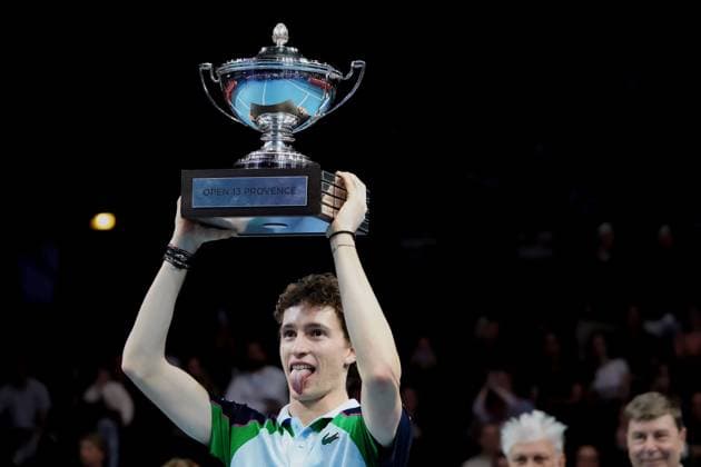 February 16, 2025, Marseille, France, FRANCE: UGO HUMBERT shone by winning his second consecutive title in Marseille, defeating HAMAD MEDJEDOVIC, the serbian, in the final (7-6, 6-4). Without dropping a set throughout the tournament, France s number 1 continues to impress and dominate on his favorite surface during the OPEN 13 provence 2025, ATP, Tennis Herren 250, french tournament, ATP Tour, Hard surface, .Indoor, on Febuary 16, 2025 at Marseille, Palais des sports, France - Photo OLLI Media Marseille FRANCE - ZUMAl184 20250216_zsp_l184_012 Copyright: xEmiliexLohmannx