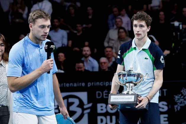 February 16, 2025, Marseille, France, FRANCE: UGO HUMBERT shone by winning his second consecutive title in Marseille, defeating HAMAD MEDJEDOVIC, the serbian, in the final (7-6, 6-4). Without dropping a set throughout the tournament, France s number 1 continues to impress and dominate on his favorite surface during the OPEN 13 provence 2025, ATP, Tennis Herren 250, french tournament, ATP Tour, Hard surface, .Indoor, on Febuary 16, 2025 at Marseille, Palais des sports, France - Photo OLLI Media Marseille FRANCE - ZUMAl184 20250216_zsp_l184_019 Copyright: xEmiliexLohmannx