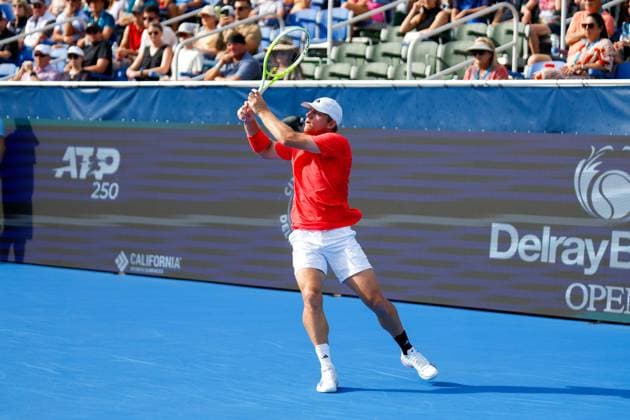 DELRAY BEACH, FL - FEBRUARY 16: Alejandro Davidovich Fokina (ESP) in action during the Mens Singles Final of the Delray Beach Open on February 16, 2025, at Delray Beach Stadium & Tennis Center in Delray Beach, Florida.(Photo by Chris Arjoon Icon Sportswire). TENNIS: FEB 16 Delray Beach Open EDITORIAL USE ONLY Icon250216001060