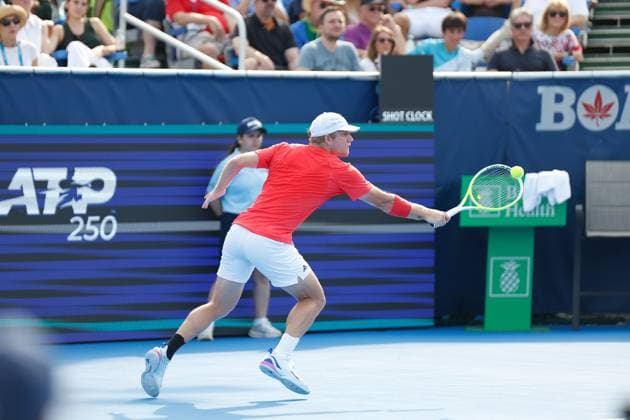 DELRAY BEACH, FL - FEBRUARY 16: Alejandro Davidovich Fokina (ESP) in action during the Mens Singles Final of the Delray Beach Open on February 16, 2025, at Delray Beach Stadium & Tennis Center in Delray Beach, Florida.(Photo by Chris Arjoon Icon Sportswire). TENNIS: FEB 16 Delray Beach Open EDITORIAL USE ONLY Icon250216001069