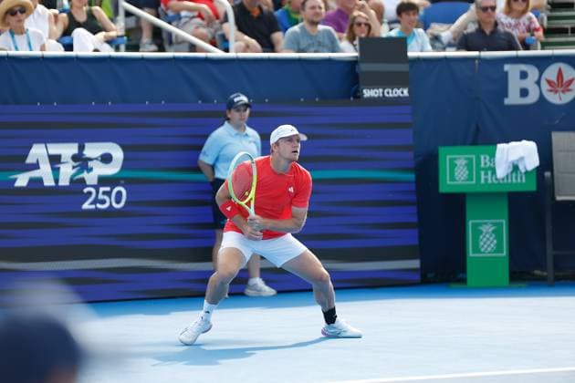 DELRAY BEACH, FL - FEBRUARY 16: Alejandro Davidovich Fokina (ESP) in action during the Mens Singles Final of the Delray Beach Open on February 16, 2025, at Delray Beach Stadium & Tennis Center in Delray Beach, Florida.(Photo by Chris Arjoon Icon Sportswire). TENNIS: FEB 16 Delray Beach Open EDITORIAL USE ONLY Icon250216001071