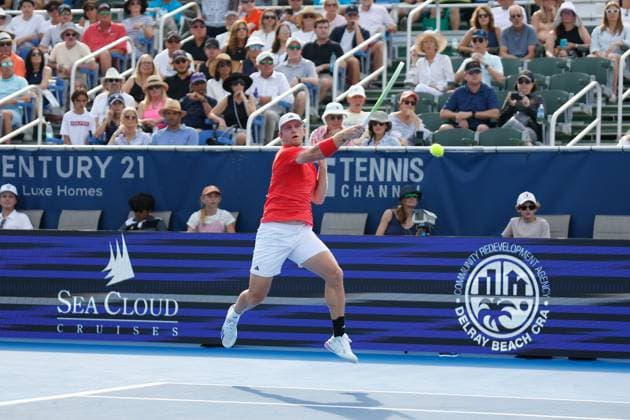 DELRAY BEACH, FL - FEBRUARY 16: Alejandro Davidovich Fokina (ESP) in action during the Mens Singles Final of the Delray Beach Open on February 16, 2025, at Delray Beach Stadium & Tennis Center in Delray Beach, Florida.(Photo by Chris Arjoon Icon Sportswire). TENNIS: FEB 16 Delray Beach Open EDITORIAL USE ONLY Icon250216001075