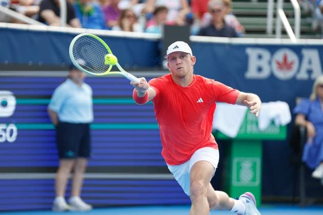 DELRAY BEACH, FL - FEBRUARY 16: Alejandro Davidovich Fokina (ESP) in action during the Mens Singles Final of the Delray Beach Open on February 16, 2025, at Delray Beach Stadium & Tennis Center in Delray Beach, Florida.(Photo by Chris Arjoon Icon Sportswire). TENNIS: FEB 16 Delray Beach Open EDITORIAL USE ONLY Icon250216001076