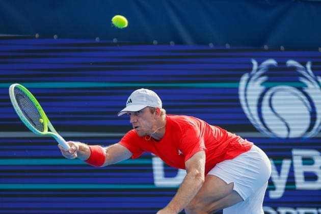 DELRAY BEACH, FL - FEBRUARY 16: Alejandro Davidovich Fokina (ESP) in action during the Mens Singles Final of the Delray Beach Open on February 16, 2025, at Delray Beach Stadium & Tennis Center in Delray Beach, Florida.(Photo by Chris Arjoon Icon Sportswire). TENNIS: FEB 16 Delray Beach Open EDITORIAL USE ONLY Icon250216001082
